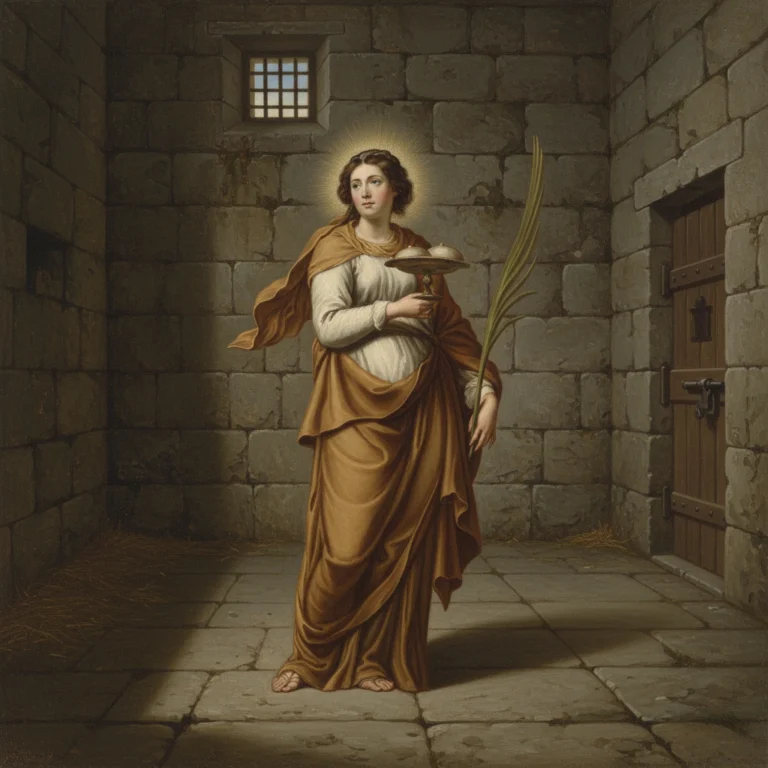 Santa Águeda encarcelada, portando una bandeja con sus pechos cortados