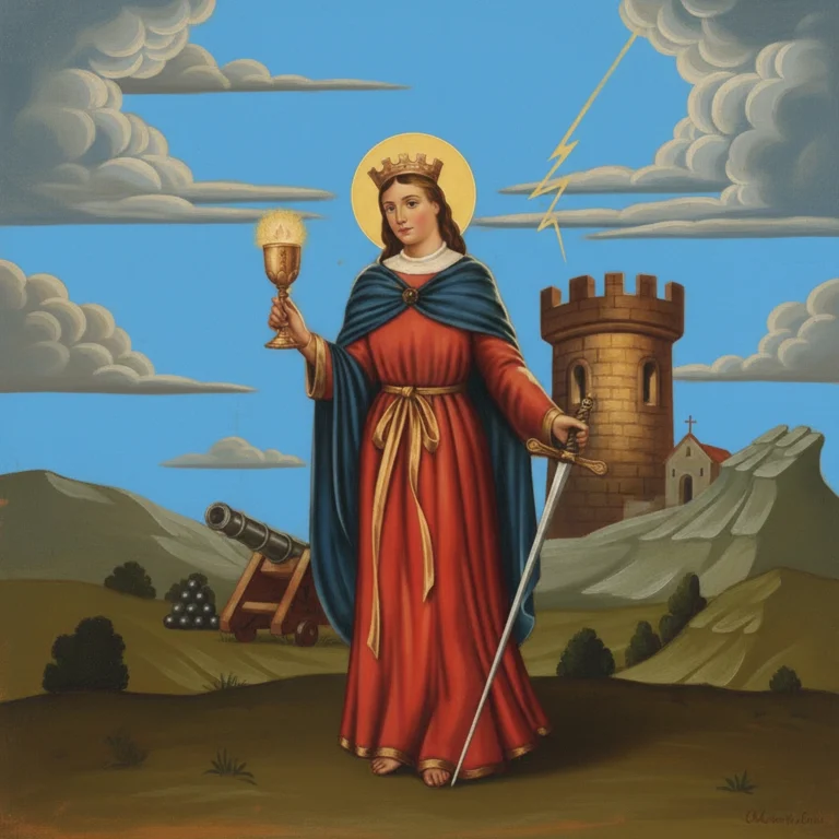 Santa Bárbara alzando un cáliz resplandeciente en su mano derecha y apoyada en una espada en su otra mano, con unos cañones y una torre en el fondo