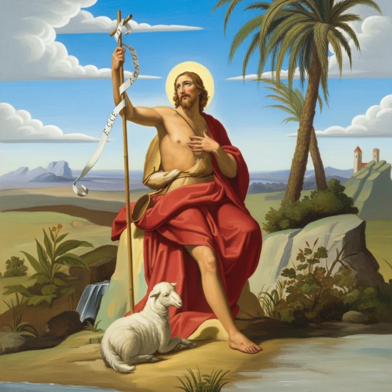 San Juan Bautista sentado al aire libre, blandiendo una larga cruz, al lado de un cordero sentado, y de un rio que corre