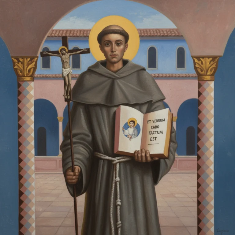 san antonio de padua sosteniendo un libro que reza "verbum caro factum est"