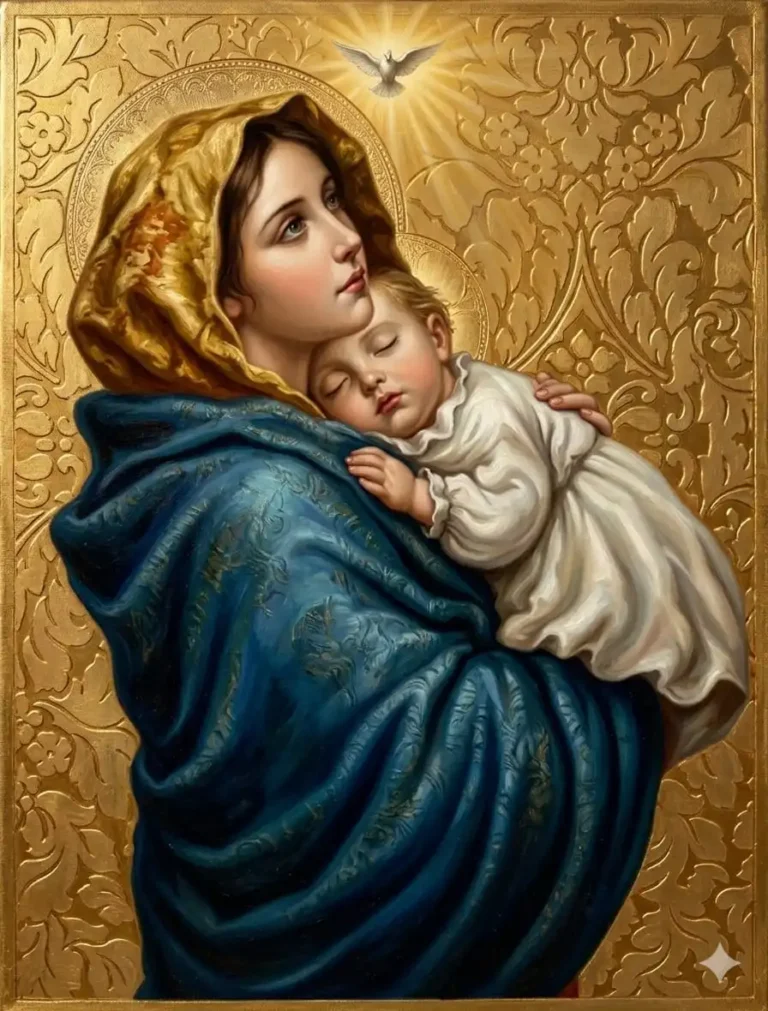 La Virgen María sosteniendo al niño Jesús en brazos