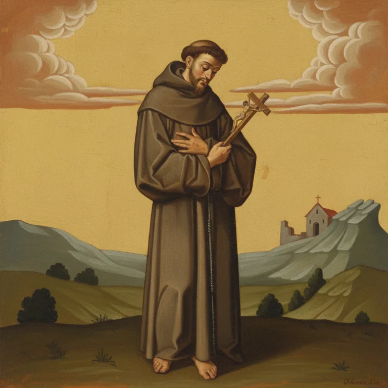 San Francisco de Asís en un paisaje montañoso, en su típica pose