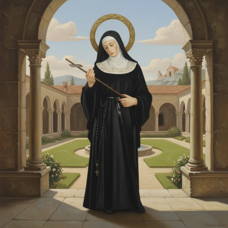 Santa Rita de Casia en un convento observando una cruz en sus manos y con una aureola en su cabeza