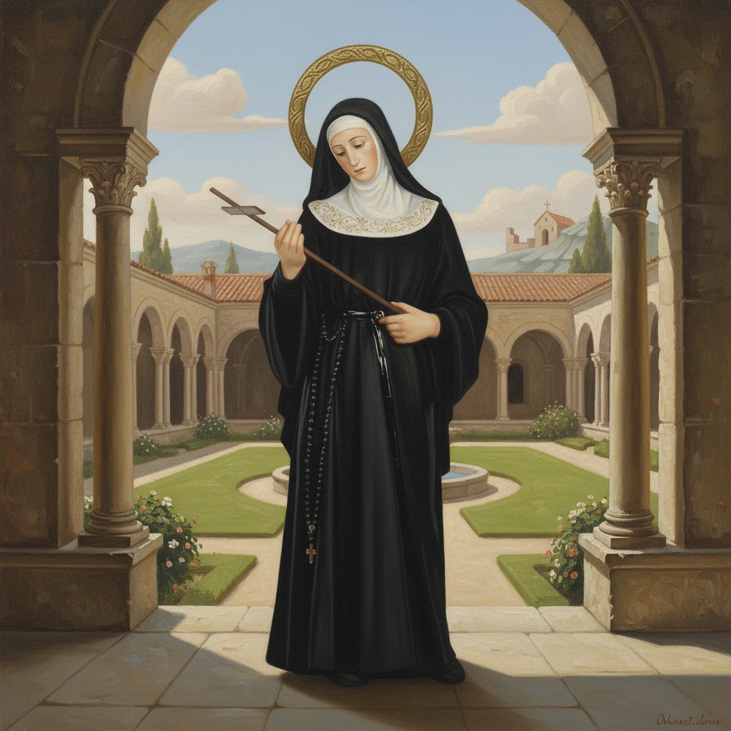 Santa Rita de Casia en un convento observando una cruz en sus manos y con una aureola en su cabeza