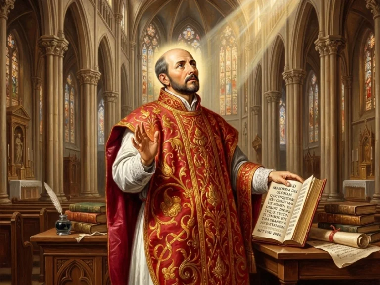san ignacio de loyola en una catedral apoyando una biblia sobre un escritorio