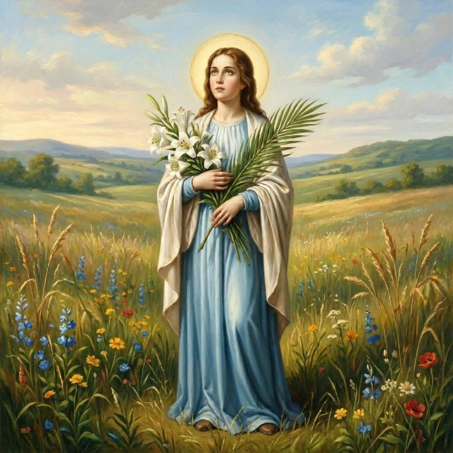 santa maria goretti en mitad del campo, sosteniendo una palma y una flor en sus brazos cruzados