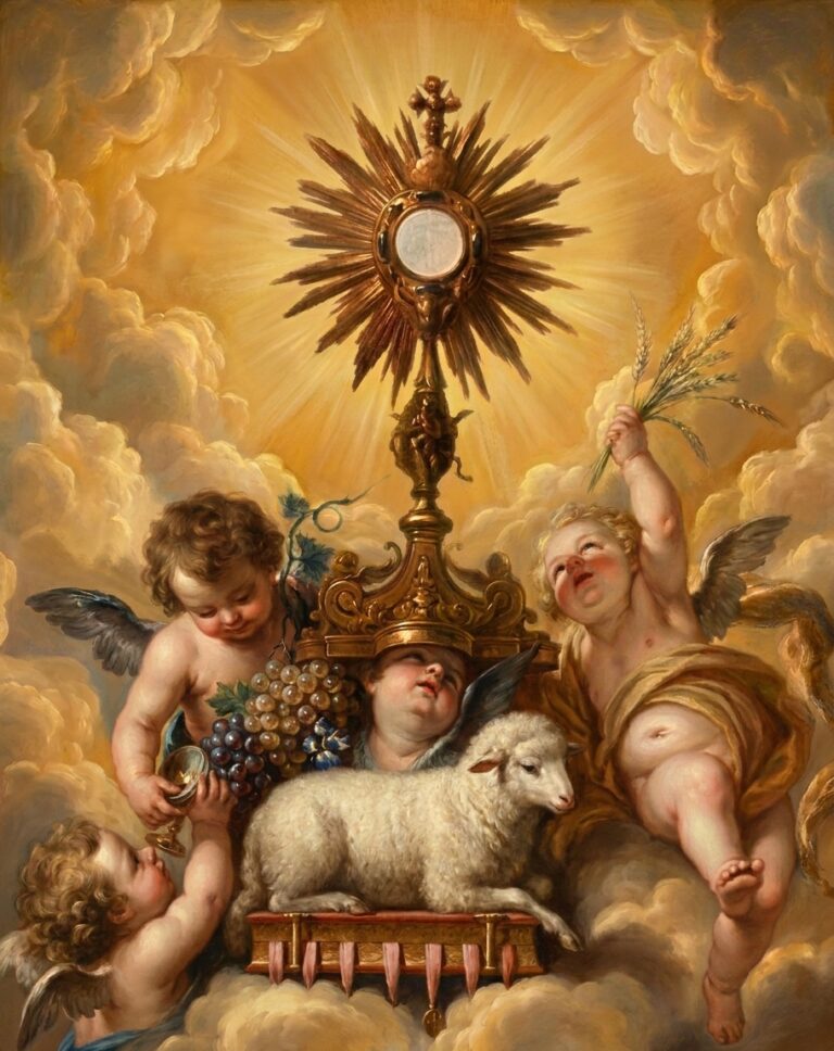 el cuerpo de cristo en un ostensorio rodeado de querubines, con un corderito a sus pies, en un fondo celestial