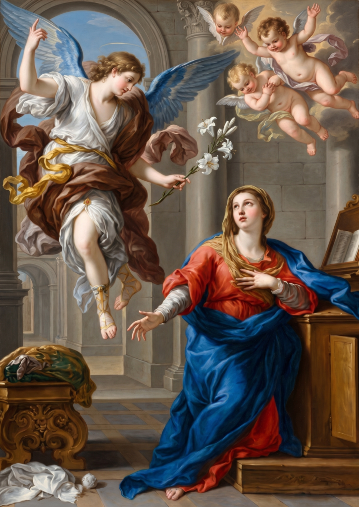 El Ángel Gabriel acompañado por querubines anunciándole a la Virgen María que va a quedarse embarazada de Jesús
